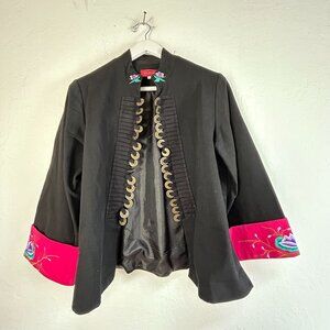 Silver Dragon De Oriental Classic Black Brocade Silk Jacket Gold Button Floral X